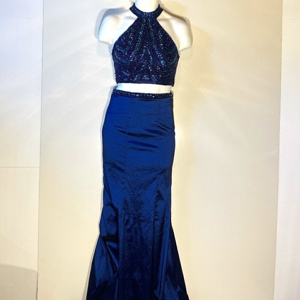 Milano Formals SZ 8 2-Pc.Blue Beaded Halter Top & Mermaid Skirt Prom Formal Chic